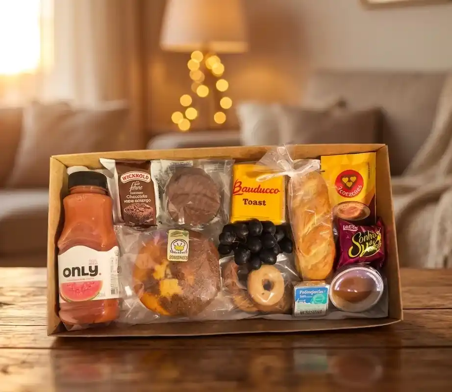 Cesta Café Romântico com ursinho de pelúcia, café da manhã especial, frutas, brownie e delícias selecionadas para surpreender quem você ama.
